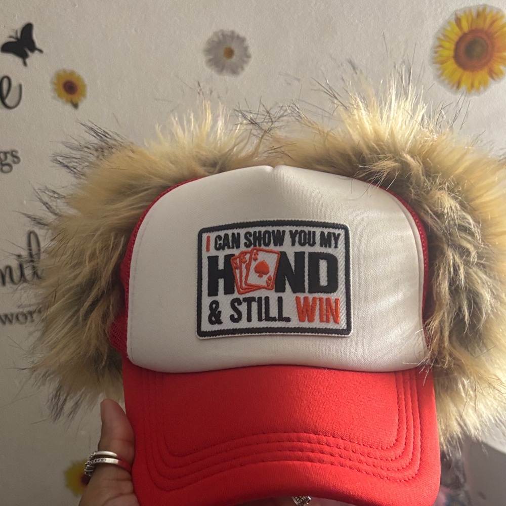 Red and White  Cap with Faux Fur